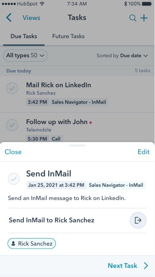 HubSpot CRM's mobile app showing LinkedIn Sales Navigator task of sending InMail.