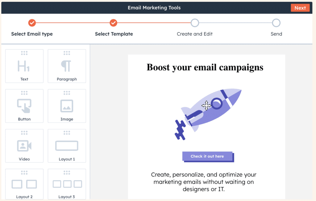 HubSpot CRM's email marketing workspace showing options to add a button, video, image, and other visual elements.