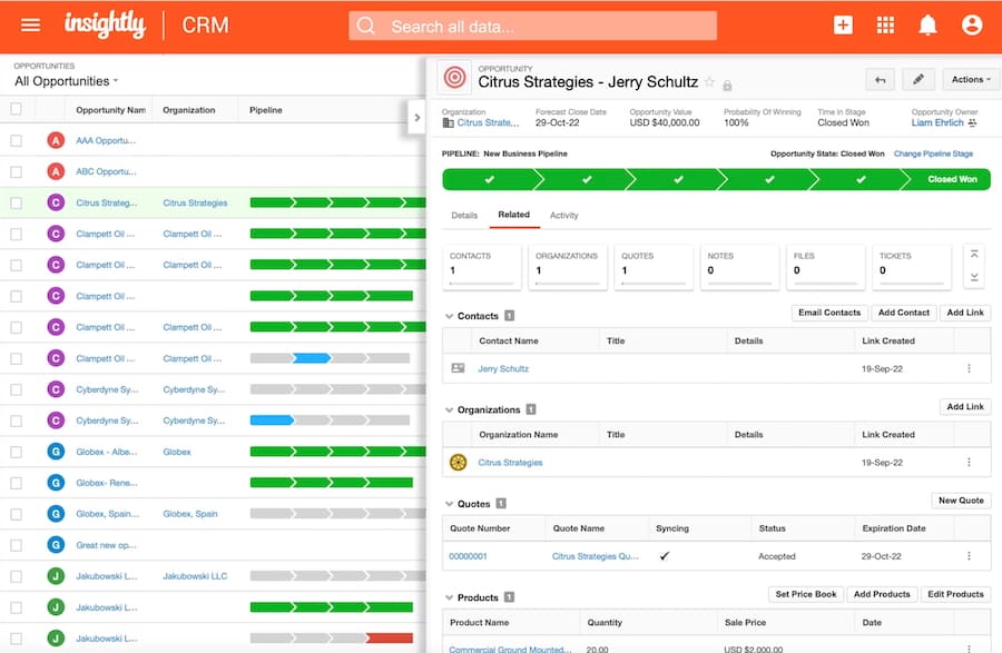 Insightly CRM's contact record with a pipeline and a tab for related contact and organization records.