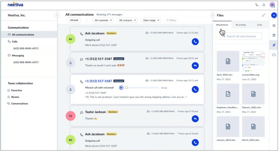 Nextiva's all communications workspace showing call, messaging, file attachments, and team collaboration features.