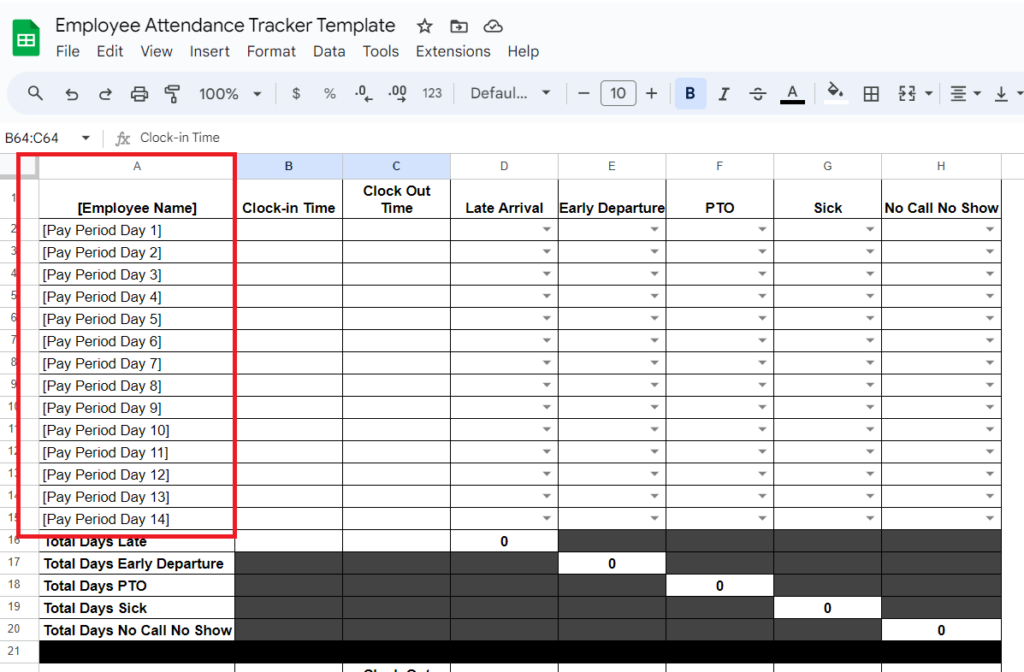 attendance spreadsheet with red box around employee data