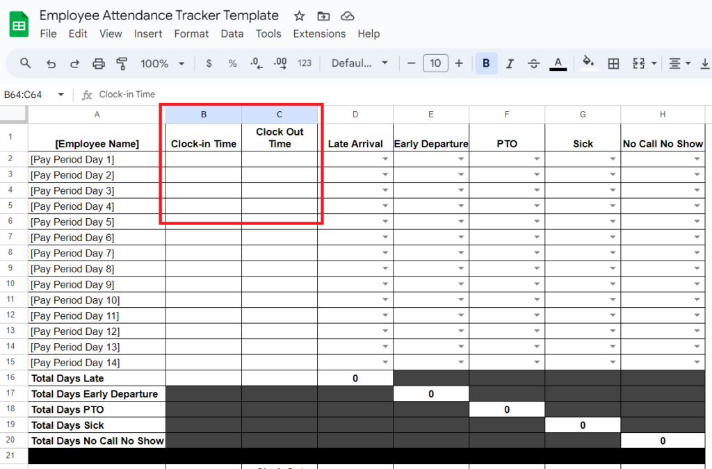 attendance tracking spreadsheet with red box around clock-in and clock out times