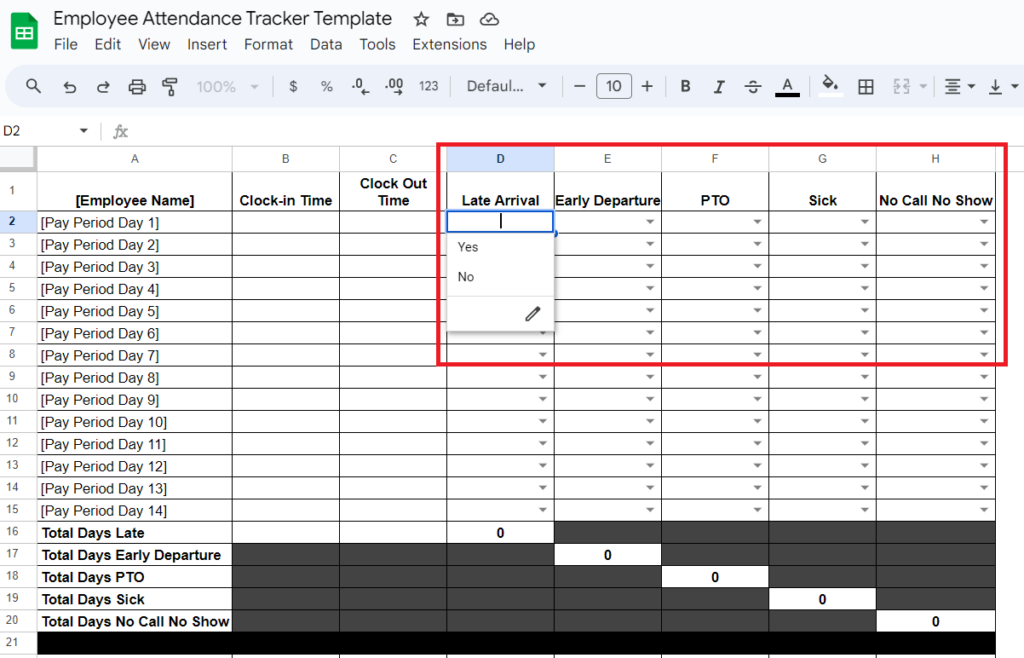 attendance tracking spreadsheet with red box around late arrival, early departure, PTO, sick, and no call no show columns