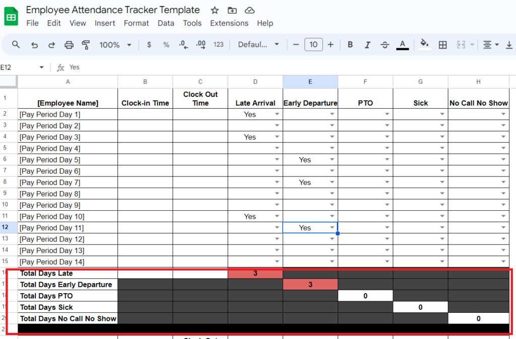 attendance tracking spreadsheet with red box around calculation fields