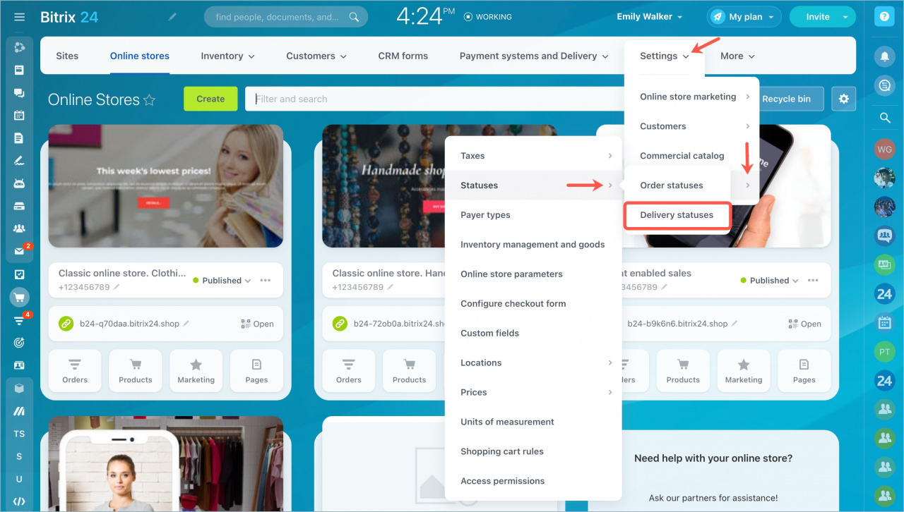 Bitrix24 Online Stores page showing where to configure delivery statuses in the settings menu.