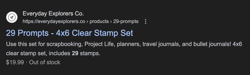 Everyday Explorers Co 29 Prompts clear stamp set search result listing in Google.