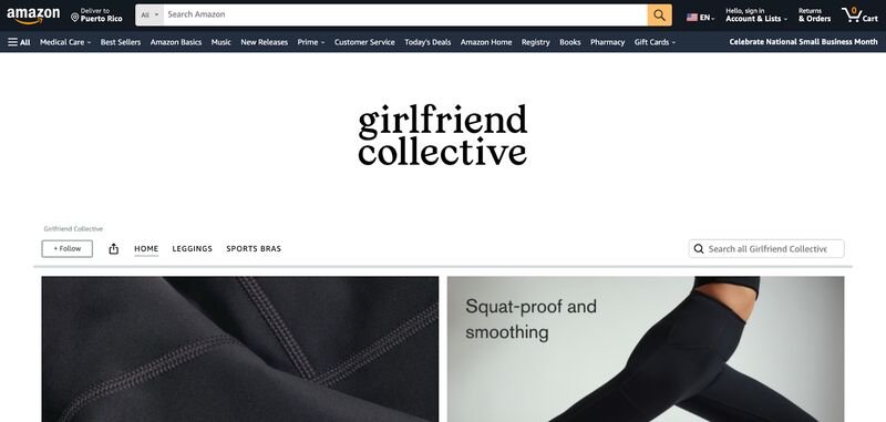 girlfriend collective's Amazon storefront featuring an oversized logo and product photos.