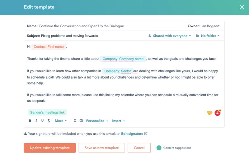 HubSpot CRM's template builder showing options to edit an existing template or save it as a new one.