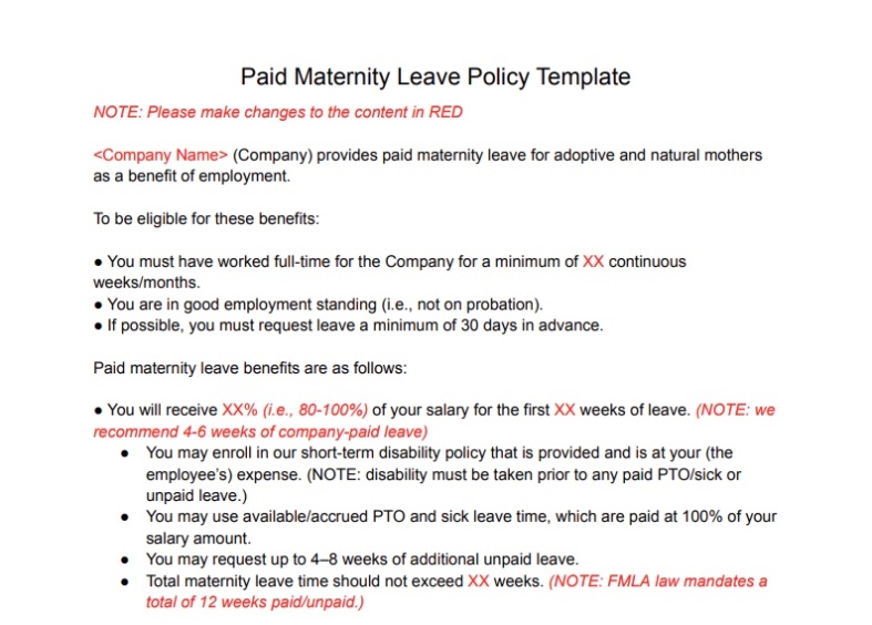 Paid Maternity Leave Policy Template