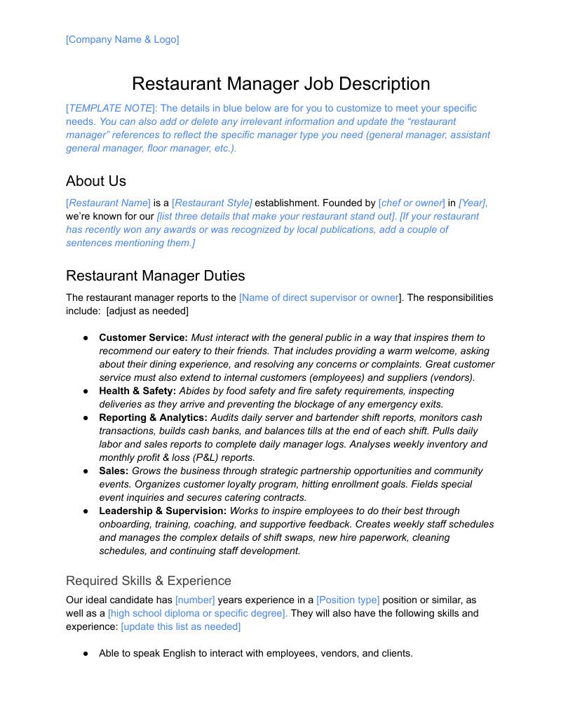 A screenshot of restaurant manager job description template.