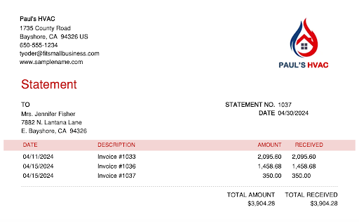 Sample QuickBooks statement showing details like the invoice list, invoice amount, and amount received