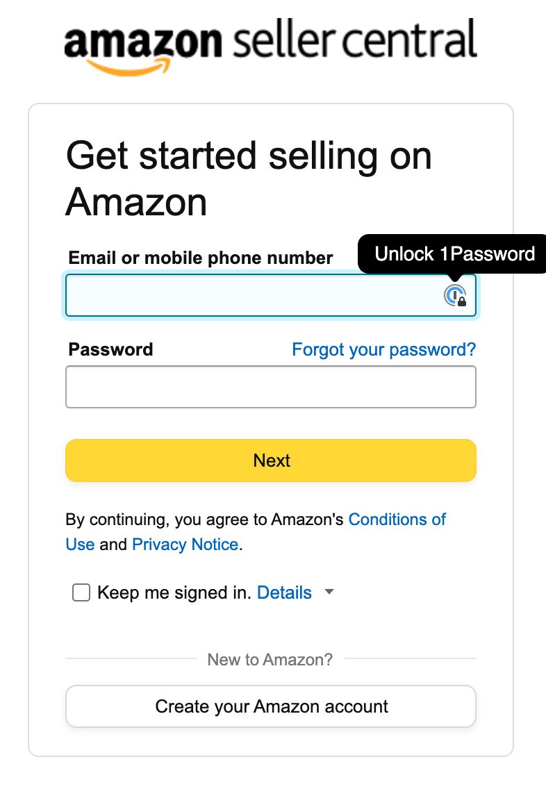 Sign up screen for Amazon Seller Central.