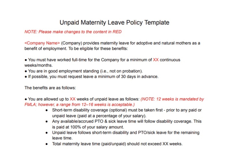 Unpaid Maternity Leave Policy Template
