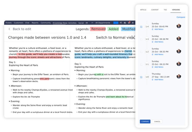 Zoho Desk's knowledge base page showing a detailed view of article versions.