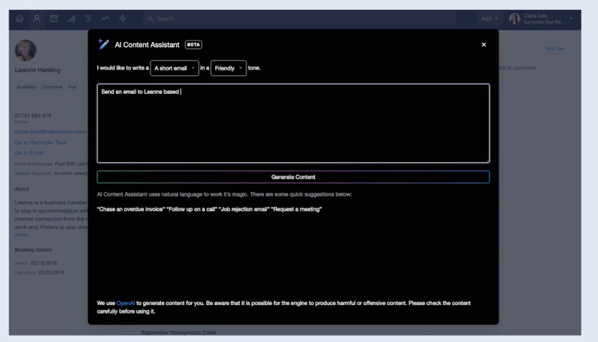 Capsule CRM's AI content assistant helping in generating email content by clicking on the generate content button.