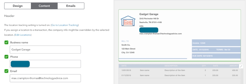 Customizing header information in QuickBooks