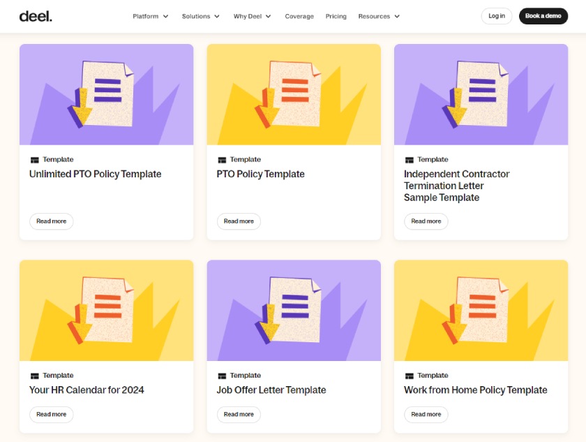 Deel webpage with list of HR templates.