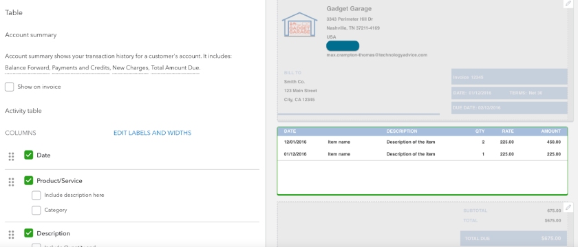 Editing the invoice table and what information appears on it.