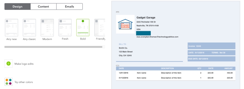 Editing the invoice template by choosing from six different preloaded templates.
