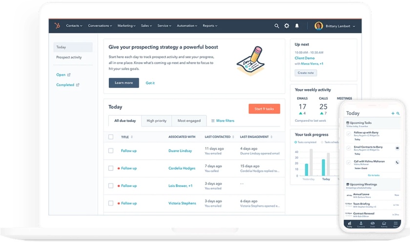 HubSpot CRM dashboard showing tasks and activities on web and mobile views.