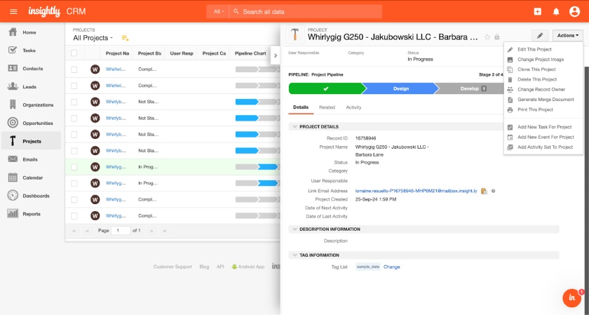 Insightly CRM’s project management board showing a project's status and other details with related actions to choose from in a drop-down menu.
