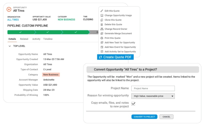 Insightly CRM project management capability showing how to convert an opportunity to a project.