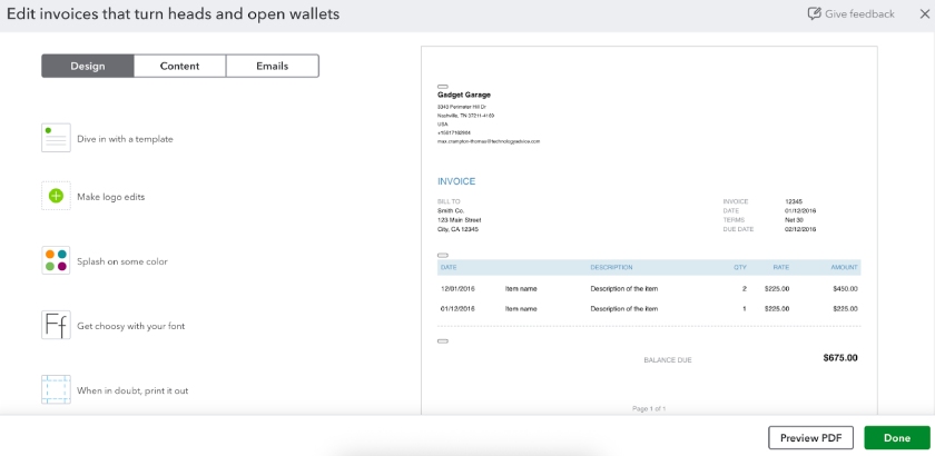 Invoice customization window in QuickBooks for editing the look and feel of an invoice.