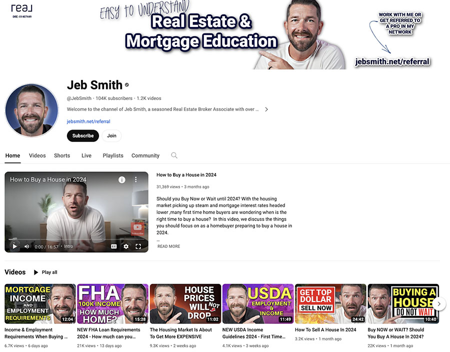 Screenshot of Jeb Smith real estate YouTube channel.