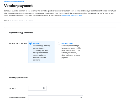 Justworks vendor payment setup page.