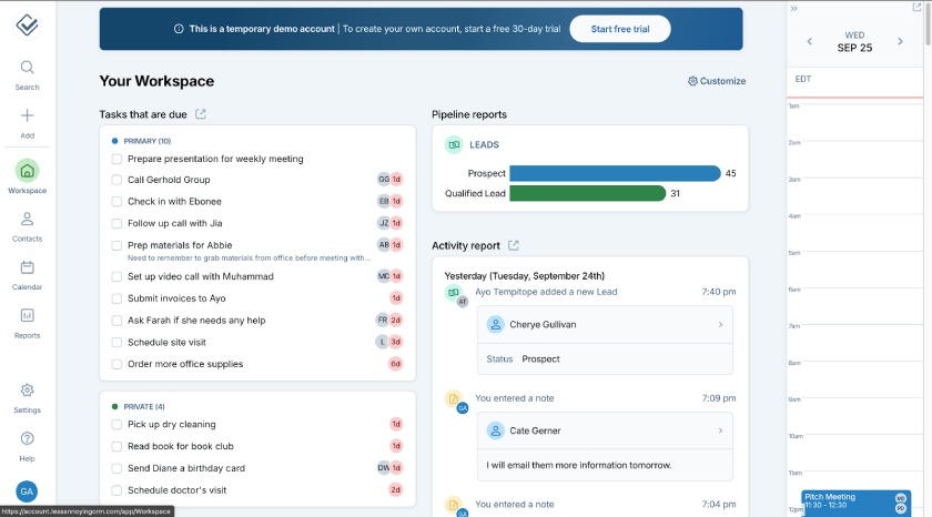 Less Annoying CRM demo account showing details under workspace features like task, pipeline, and activity management trackers.