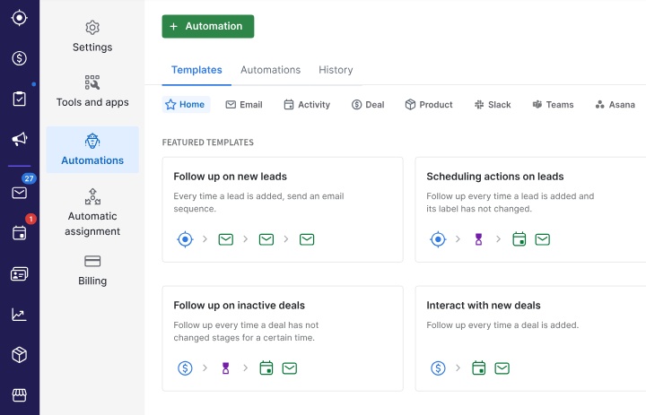 Pipedrive's automation board showing featured email templates like following up on new leads and inactive leads.