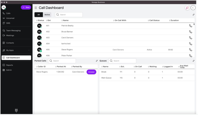 The Vonage call dashboard with separate windows for all or active calls, parked calls, and queues.