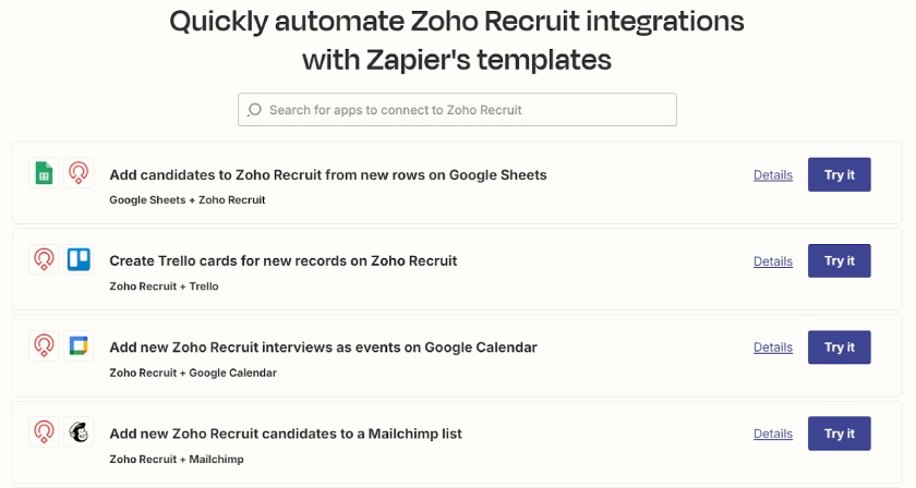 Zapier and Zoho Recruit integration web page.