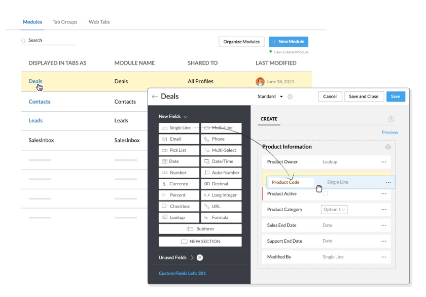 Zoho CRM's deal dashboard showing how to customize data like adding a single line for the product code.