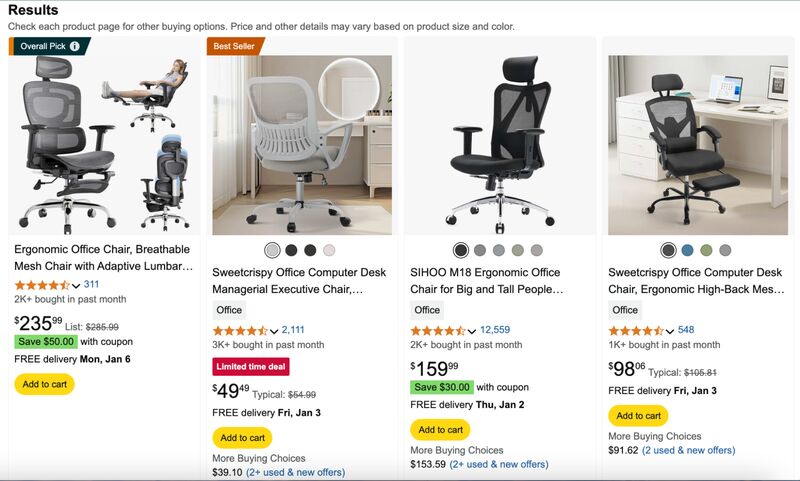 A selection of ergonomic chairs on Amazon, ranging in price from $49 to $235.