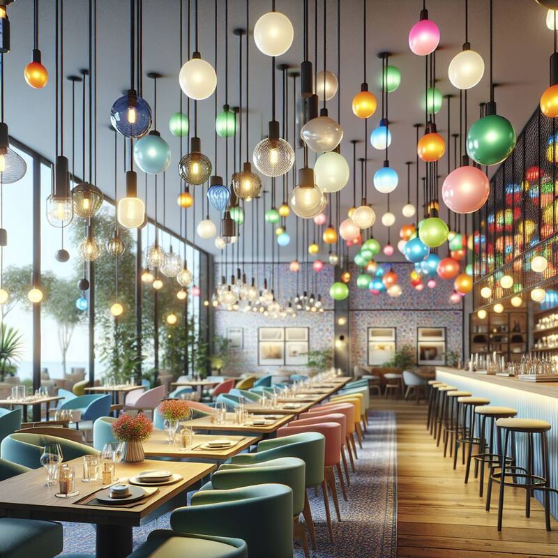 restaurant dining room with colorful lights