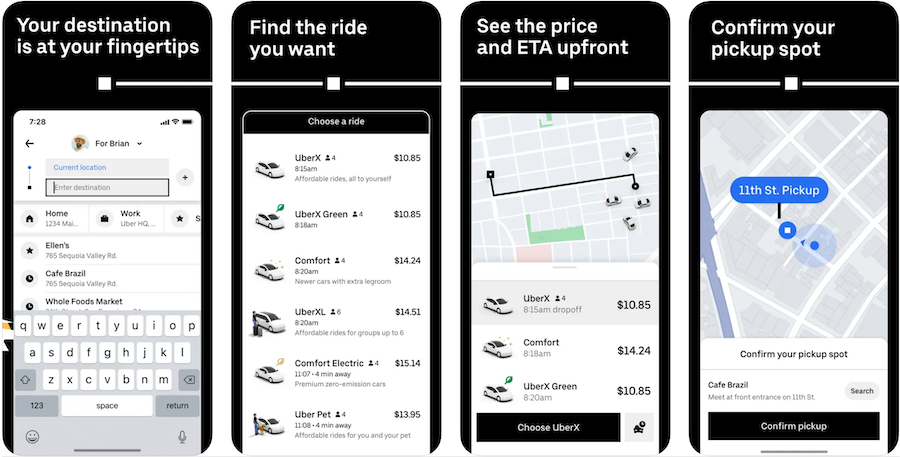 Several mobile devices displaying the Uber mobile app for ride request.