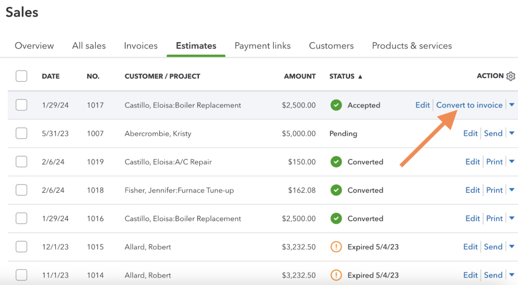 Estimates tab highlighting the Convert to invoice button