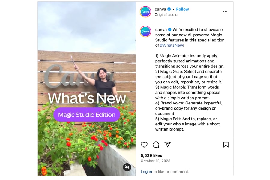 Sample Instagram video post from Canva of their press release announcement on the platform's new features