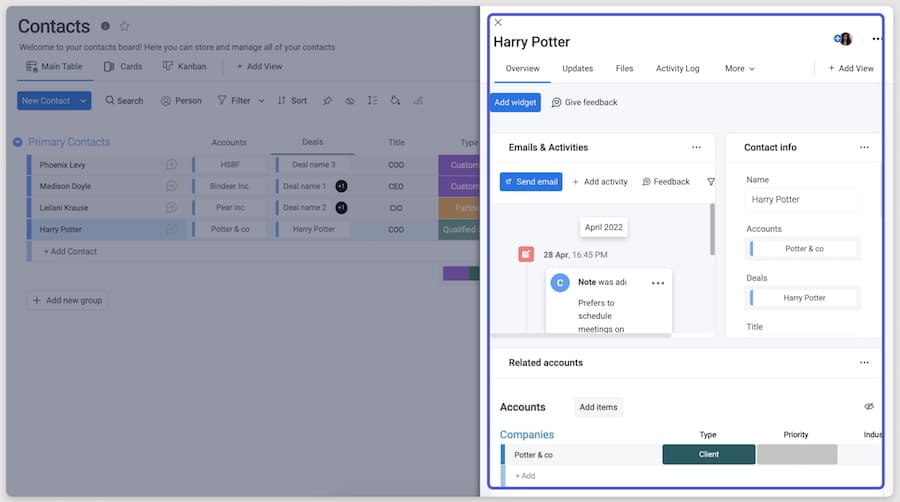 monday CRM board view with primary contacts and overview of contact details and activities.
