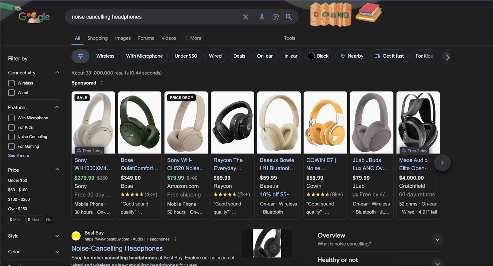 Sample Google Shopping Ads for noise cancelling headphones