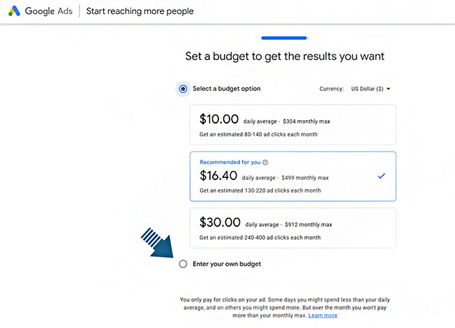 Prompt to set an ad budget on Google Ads