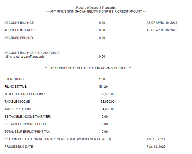 A sample Record of Account transcript that shows tax account information.