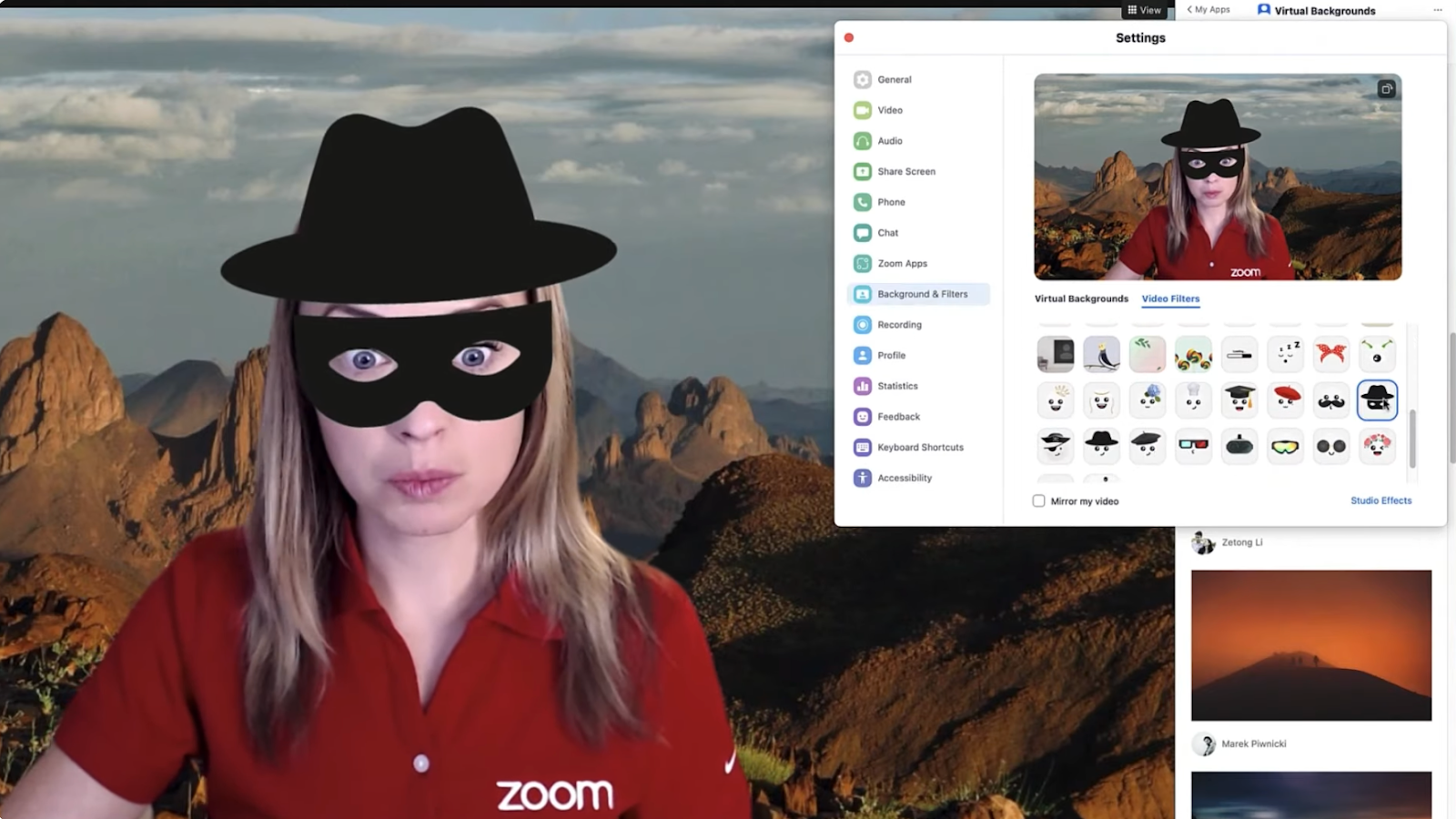 A live Zoom meeting with a participant using filters