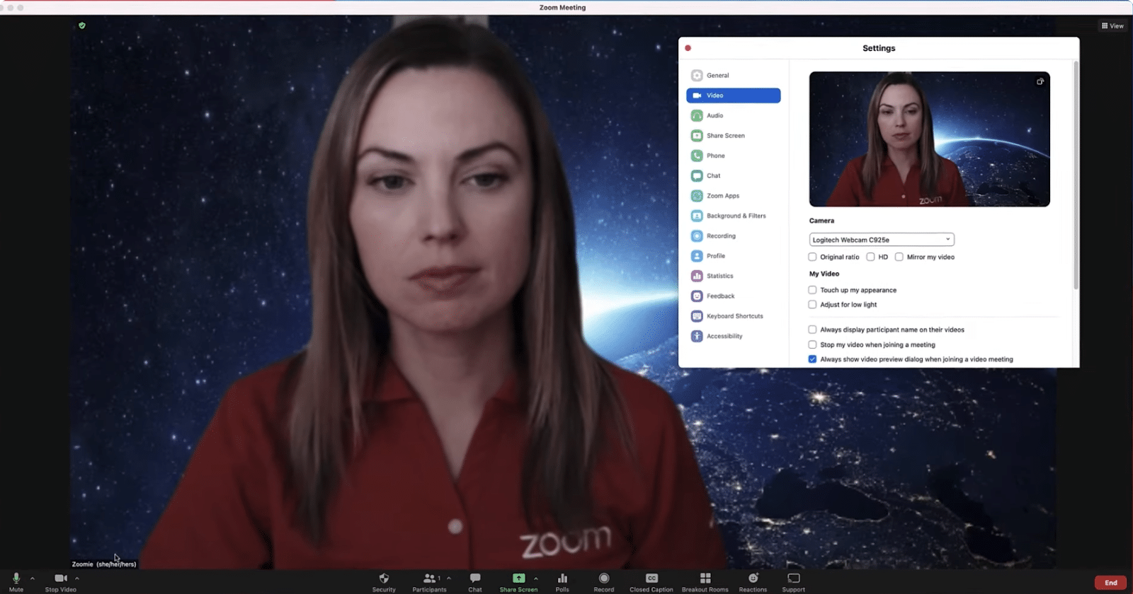 A live Zoom meeting with a participant changing their virtual background settings