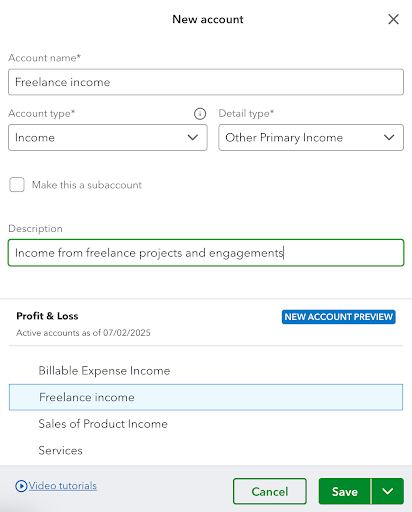 Screen where you can create a new income account in QuickBooks Online.
