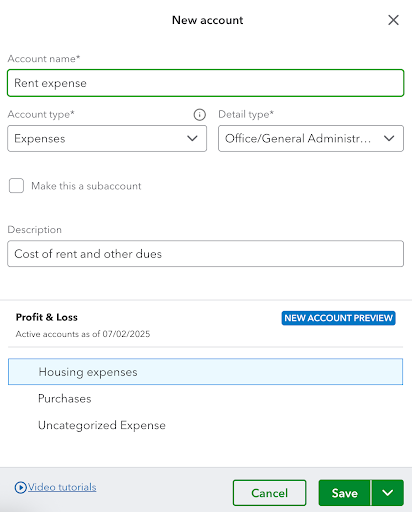 Creating a new expense account in QuickBooks Online