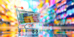 An overflowing shopping cart filled with various products, illustrating consumer purchasing behavior and habits.