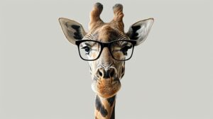 Close-up portrait of a giraffe wearing black eyeglasses. The giraffe is looking at the camera with a serious expression.