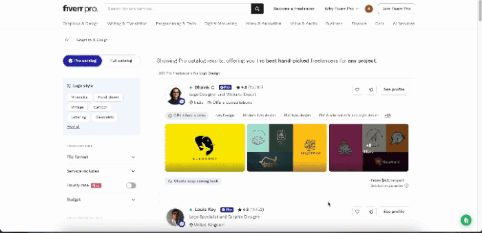 Various profiles of logo designers available for hire on Fiverr Pro.